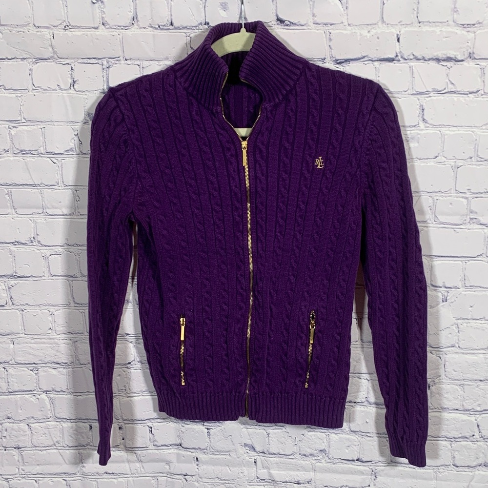Ralph Lauren Purple Cable-Knit Zip Cardigan Sweater